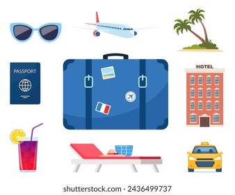 Adventure tourism, travel abroad, summer vacation trip decorative design elements. Set of travel icons. Transport, hotel, baggage, airport. cocktail, palm. Vector illustration