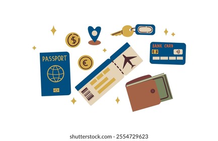 Adventure tourism, travel abroad, summer vacation trip decorative design elements. Set of travel icons. Passport , hotel key , wallet , bank card and cents . Vector illustration