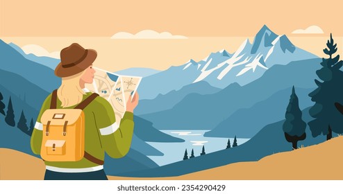 Adventure tourism and travel concept. Woman traveler with backpack standing on the top of hiking trail, holding map and looking at the mountains landscape. Vector illustration