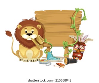 Adventure tourism vector flat simple illustration set with animal lion