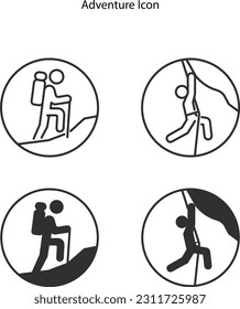 Adventure tours outline and glyph icons collection. Adventure, Tours, Journey, Trekking, Hiking, Rocky, Exploring vector and illustration concept set.