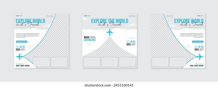 Adventure travel advertisement square social media post design, set of creative templates for tour agency holiday marketing business promotion, editable web banner, poster layout with place for photos