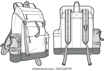 adventure travel backpack flat sketch vector illustration mountain bag technical cad drawing template