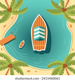 Adventure travel with boat in landscape background, wooden boat.  Bird angle view nature canal. Summer card, vector illustration