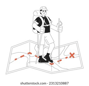 Adventure travel concept hero image. Backpacker trekking 2D cartoon outline character on white background. Wilderness backpacking isolated black and white illustration. Vector art for web design ui