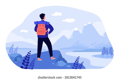 Adventure travel concept. Tourist exploring mountains. Man with backpack standing at cliff and admiring landscape. Vector illustration for hiking, trekking, nature, discovery, tourism topics