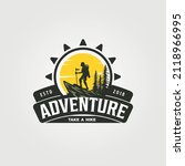 adventure travel hike logo vector symbol with sunset illustration design, vintage style