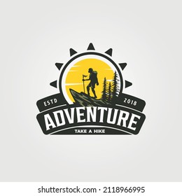 adventure travel hike logo vector symbol with sunset illustration design, vintage style