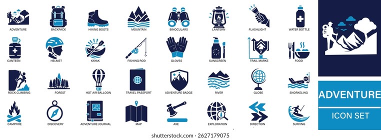 Adventure, travel, hiking, camping, outdoor, mountain, exploration, trekking, journey, and backpacking this flat icon set.