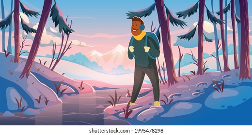 Adventure, travel journey cartoon landing page, traveler at winter forest with mountains view. Tourist with backpack at wood rocky snowy landscape looking at frozen creek, hiking Vector web banner