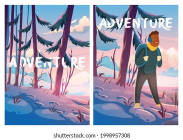 Adventure, travel journey cartoon poster, traveler at winter forest with mountains view. Tourist with backpack at wood rocky snowy landscape, hiking Vector illustration