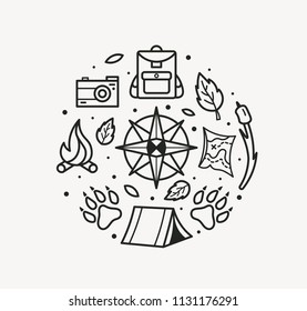 Adventure travel line art style. Compass, paws, backpack, tent, bonfire, camera, map for tourist symbol, travel badge, expedition label, explore emblem, hiking sticker, t-shirt design. Camping logo.