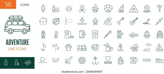 Adventure and travel line icons depicting outdoor activities