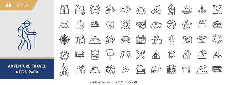 Adventure Travel Mega Pack. 48 Outdoor, Navigation, Transport and Vacation Outline Icons