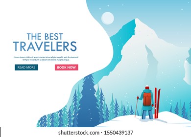 Adventure travel. Mountain climber with backpack walking through heavy snow in winter season. Winter vacation. Around the world. Vector illustration