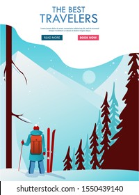 Adventure travel. Mountain climber with backpack walking through heavy snow in winter season. Winter vacation. Around the world. Vector illustration