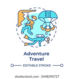 Adventure travel multi color concept icon. Trend in travelling. Extreme sports. Seeking new experience. Round shape line illustration. Abstract idea. Graphic design. Easy to use in blog post