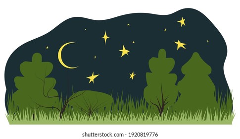 adventure travel night vector illustration landscape with  forest,, stars and grassin flat style. Perfect for flyer, poster or promotion design.