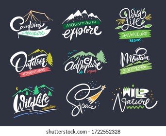 Adventure and travel phrases set. Hand drawn modern typography. Colorful lettering quotes vector illustration.