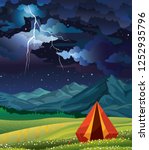 Adventure and travel - red tent and wild summer nature. Vector illustration with travel tent, green grass, mountains and lightning on a night cloudy sky. 