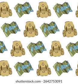 Adventure travel seamless pattern. Vector illustration of a backpack and map on white background. Ideal for outdoor gear, travel accessories, and explorer-themed designs. Flat cartoon style