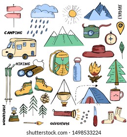 Adventure travel set in color. Hand drawn doodle style elements related to hiking, camping and travelling in mountains