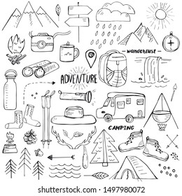 Adventure travel set. Hand drawn doodle style elements related to hiking, camping and travelling in mountains