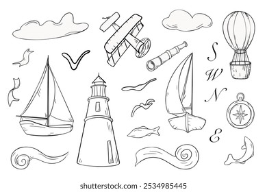 Adventure travel set with sailing boat and plane vintage style vector graphic illustration. Ship and lighthouse with spyglass, compass silhouette hand drawn ink. Hot air balloon and airplane outline.