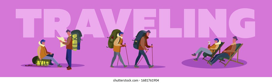 Adventure travel set. Tourists trekking, camping, sleeping outdoors mountain landscape. Flat vector illustrations. Eco tourism, activity concept for banner, website design or landing web page