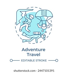 Adventure travel soft blue concept icon. Trend in travelling. Extreme sports. Seeking new experience. Round shape line illustration. Abstract idea. Graphic design. Easy to use in blog post