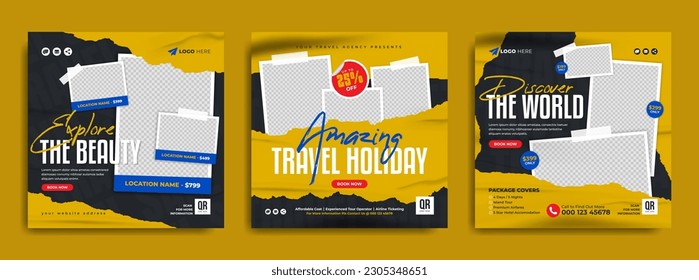 Adventure travel and tour business marketing social media post template. Travel sale web banner, flyer or poster. Travelling agency summer beach holiday promotion banner with brush stroke background.