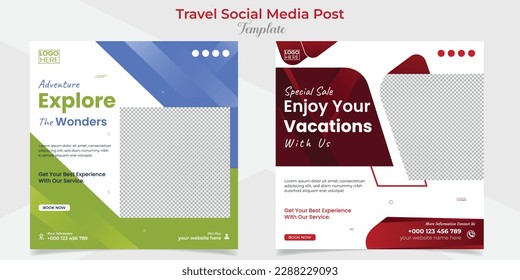 Adventure travel and tour square flyer post banner and social media post template design set