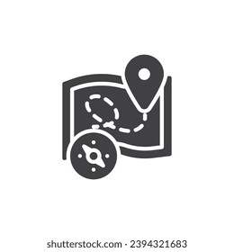 Adventure Travel vector icon. filled flat sign for mobile concept and web design. Map with location pin and compass glyph icon. Symbol, logo illustration. Vector graphics