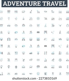 Adventure travel vector line icons set. Adventure, Travel, Expedition, Trekking, Exploring, Backpacking, Canoeing illustration outline concept symbols and signs