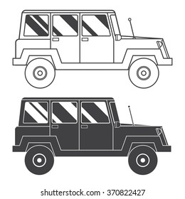 Adventure traveler truck outline and thin line icon. Suv safari car and extreme travel pictogram in black and white. Vector monochrome silhouette Rv suv icon.