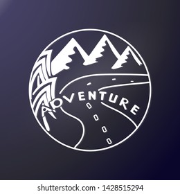 Adventure. Trees, road and Mountains in round frame. Outdoor sticker. Print on textile, club shirt, graphic design. Vector illustration. Gray contour. Travel lifestyle. Pattern for cars.