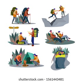 Adventure trekking set. Couple of campers hiking, sitting at tent and campfire, carrying backpack. Flat vector illustrations. Camping, travel concept for banner, website design or landing web page