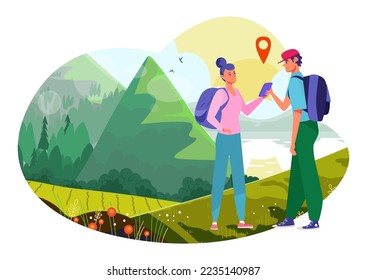 Adventure trip concept, vector illustration, flat couple man woman character travel together at summer vacation holiday, people hold smartphone
