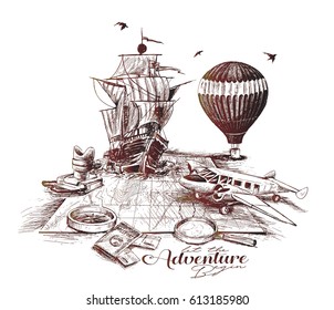 Adventure Trip - Hand Drawn Sketch Vector illustration.