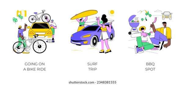 Adventure trip isolated cartoon vector illustrations set. Couple preparing for a bike ride, summer vacation, happy girls going surf trip by van, people stop at BBQ spot in nature vector cartoon.