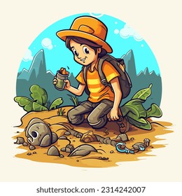 Adventure trips to the countryside. Finding Geocaching treasures on the beach. Cartoon vector illustration. isolated background, sticker