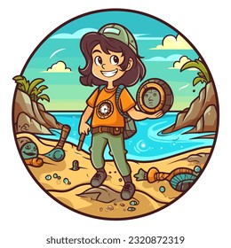 Adventure trips to the countryside. Finding Geocaching treasures on the beach. Cartoon vector illustration. isolated background, sticker