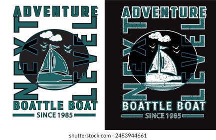 Diseño de camiseta de aventura. La ilustración vintage de Bottle boat. Vector gráfico para camiseta y otros usos.