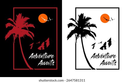 Aventura camiseta logotipo gráfico paisagem criativa vetor ilustração para merchandise impressão logotipo minimalismo estilo retro vintage árvore pássaros montanha sol céu natureza
