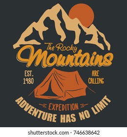 Adventure t-shirt. Outdoor expedition typography, poster with mountains. Climbing, Trekking or Hiking, Mountaineering stamp, explore rock, hipster wear emblem. vector