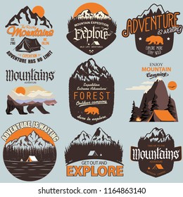 Adventure t-shirt print set. Outdoor expedition typography, poster with mountains and bear. Climbing, Trekking, Hiking, Mountaineering stamp, explore more, hipster wear emblem. vector