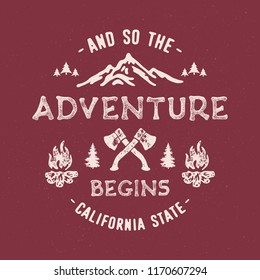 Adventure typography. Textured vintage vector t-shirt and apparel design, print, logo, poster. Vector