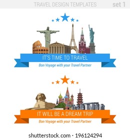 ?Tourism adventure vacation vector set. Travel design templates collection.  Sphinx, Pagoda, Eiffel Tower, Basil Cathedral, Pantheon, Colosseum, Liberty Statue, Christ Redeemer, Kremlin, Stonehenge.