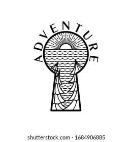 Adventure vector. Door lock overlooking the water and forest. The contour of the waves, trees, door slit. Lettering adventure in a circle illustration. Print design, emblem, logo.