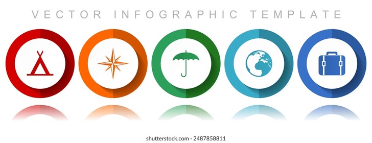 Adventure vector icon collection, miscellaneous icons such as tent, navigation, umbrella, globe and case, flat design infographic template in eps 10